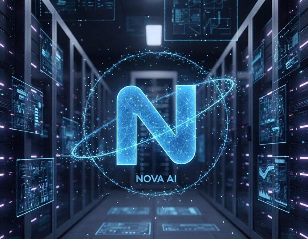 A glowing futuristic 'N' icon representing Nova AI against a digital circuit background.