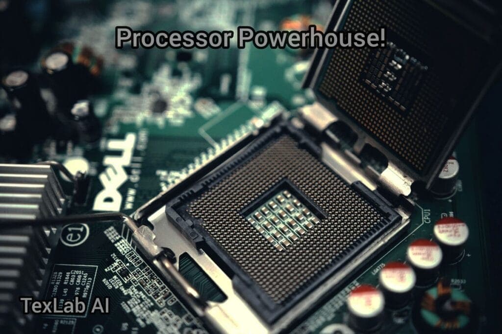 Extreme close-up of a Dell motherboard CPU socket with text Processor Powerhouse! and the TexLab AI logo.