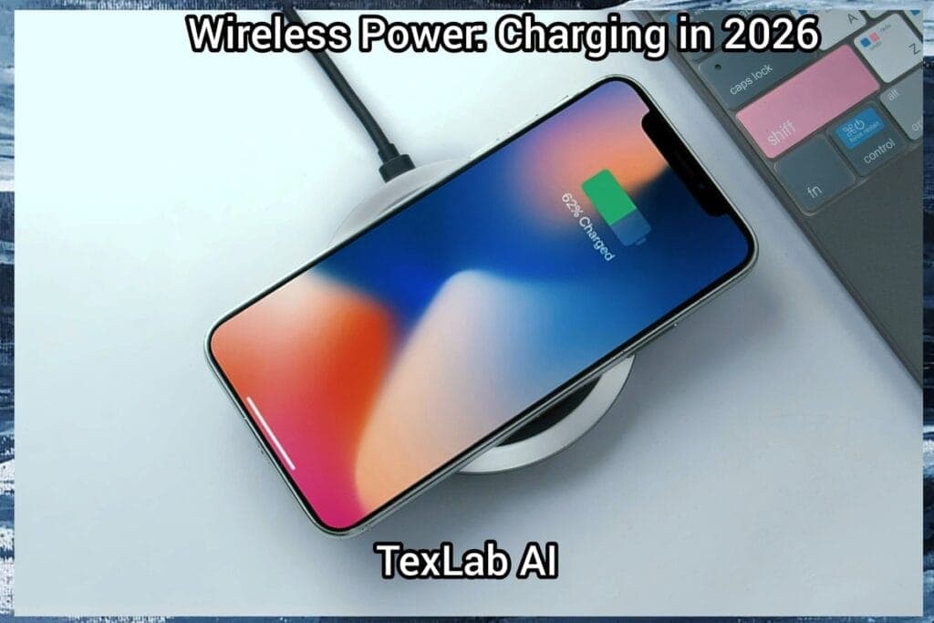 A sleek smartphone wireless charging pad with an iPhone X displaying 62 percent charged, featuring the text Wireless Power Charging in 2026 and TexLab AI logo.