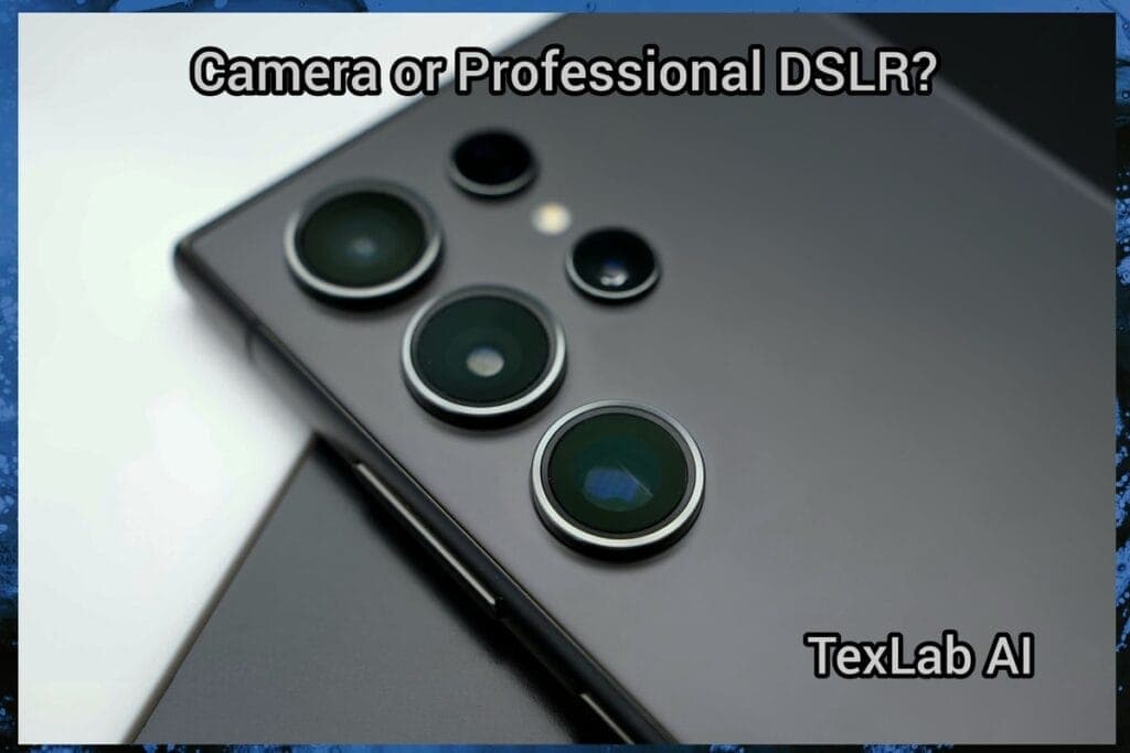 Close-up shot of the multi-camera array on the back of a grey Samsung Galaxy S23 Ultra, featuring the question Camera or Professional DSLR? and the TexLab AI logo.