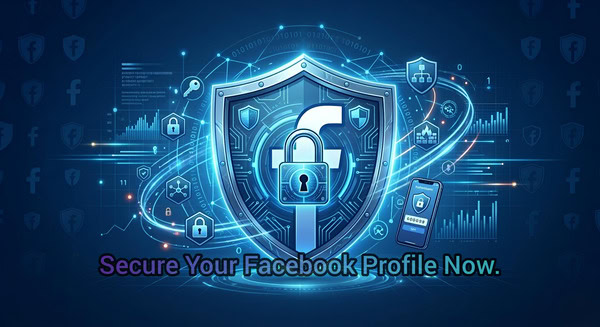 A futuristic digital shield protecting the Facebook logo with a padlock icon, surrounded by cyber security elements and a smartphone showing two-factor authentication.
