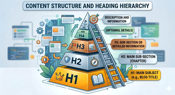 A pyramid showing content structure and heading hierarchy (H1 to H6) for creating a properly formatted, SEO friendly blog post, with descriptions for each heading level.