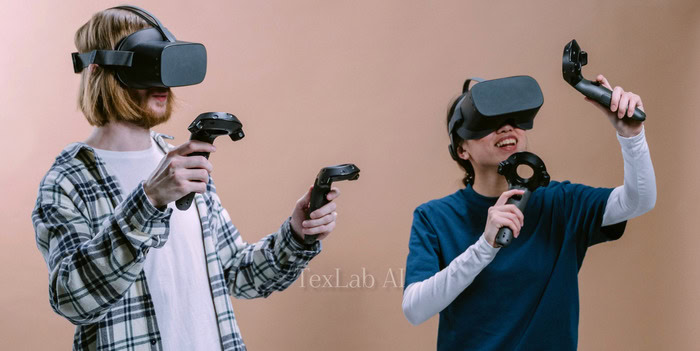 Two people wearing VR headsets and holding controllers, representing the future of education and interactive technology.