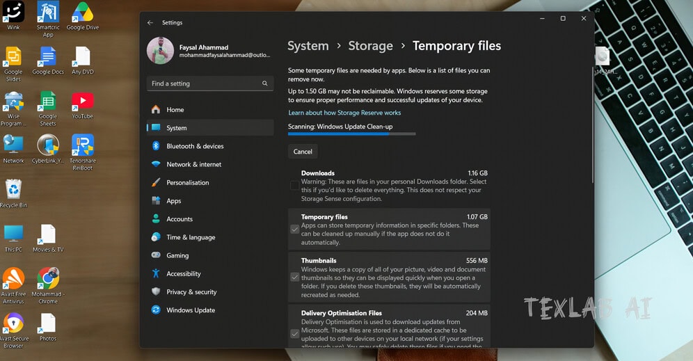Cleaning system cache and temporary files in Windows 11 storage settings to speed up slow Windows PC.