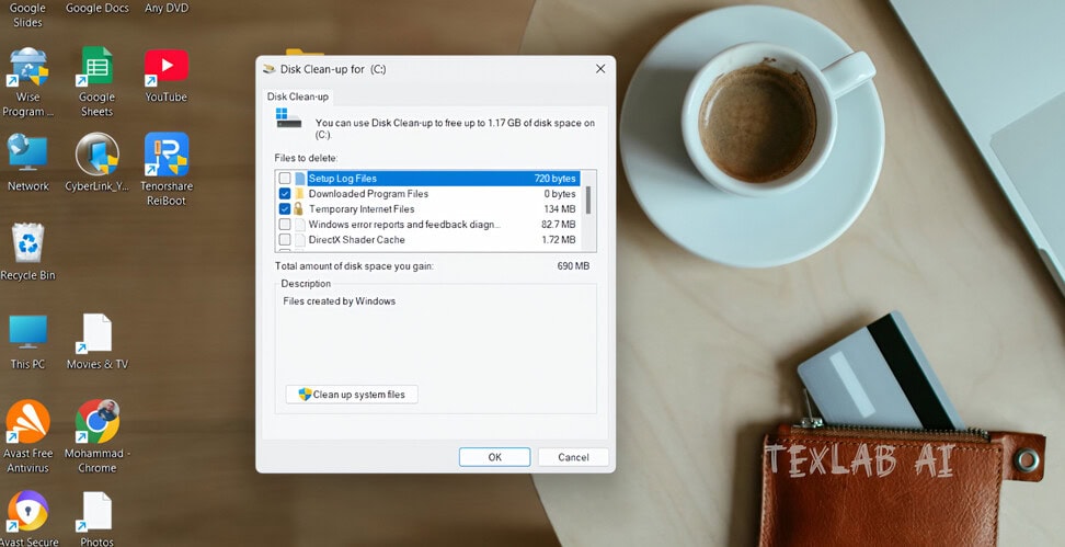 Running the Disk Cleanup utility tool on a local drive C to speed up slow Windows PC devices.