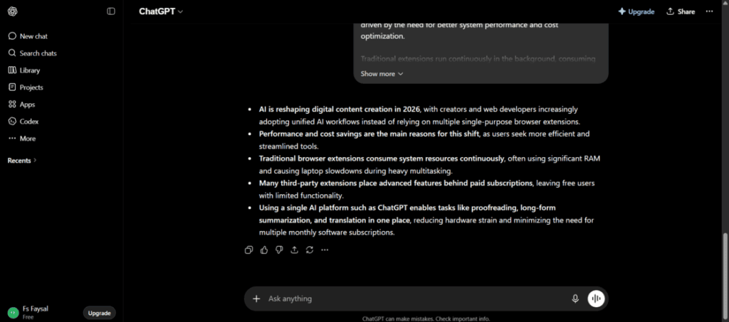 ChatGPT output listing key reasons to replace Chrome extensions with unified AI workflows for better performance.
