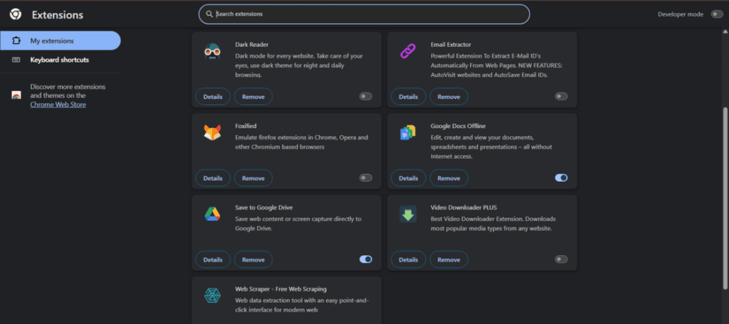 Google Chrome extensions management page showing various active and disabled extensions to replace Chrome extensions.