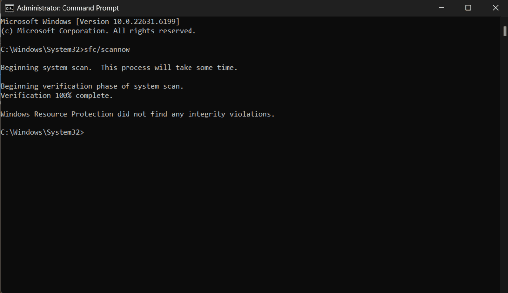 Running the sfc scannow command in administrator Command Prompt to repair corrupted system files and stop Windows PCs crash loops.