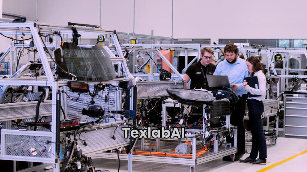 Engineers analyzing hardware components on a laptop inside a modern high-tech electronics manufacturing plant.