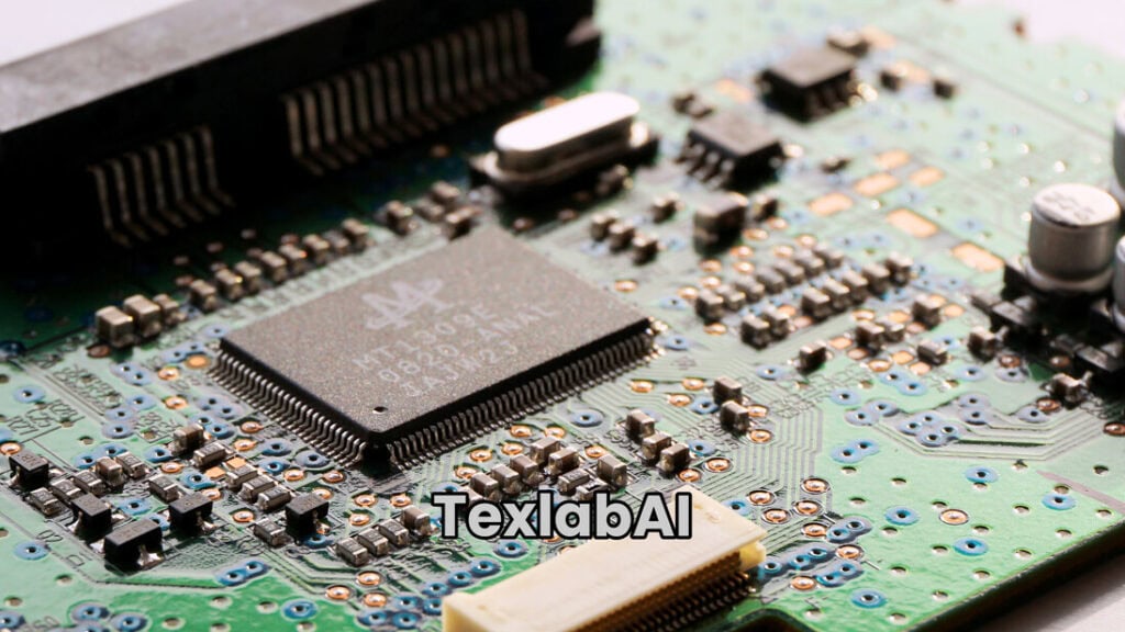 A close-up macro view of a integrated circuit microchip and semiconductor components mounted on a green circuit board.