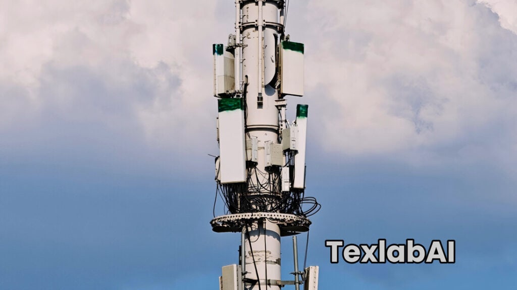 A high-angle close-up view of a 5G mobile telecommunication cell tower against a cloudy sky.