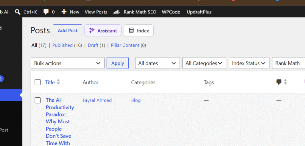 WordPress blog post dashboard showing drafts and content backlog representing the over-production of AI drafts.