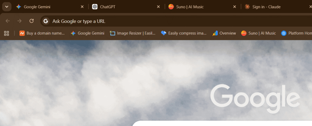A web browser tab bar showing multiple AI application tabs open simultaneously including Google Gemini, ChatGPT, Suno AI, and Claude.