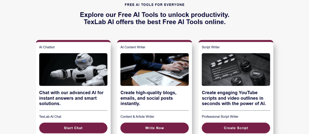 TexLab AI free AI tools directory page showcasing chatbots and content writers.
