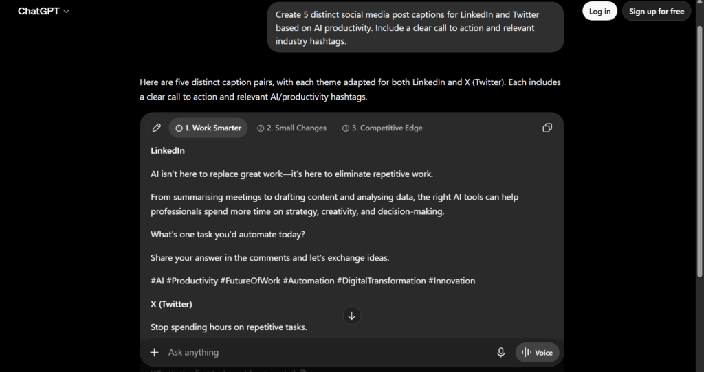 AI generating social media post captions and content schedules.