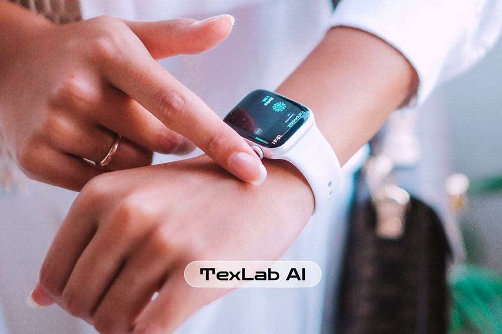 A close-up view of a smart wristband with TexLab AI logo representing neural interfaces.