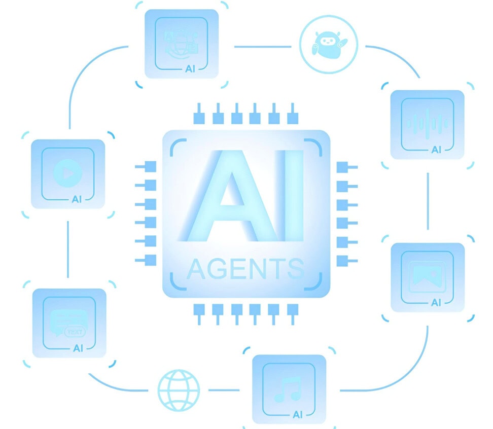 Central AI Agent connecting various background applications and digital services.