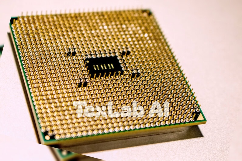 A close-up macro view of the underside of a computer processor CPU showing gold-plated pin grid array connector pins.