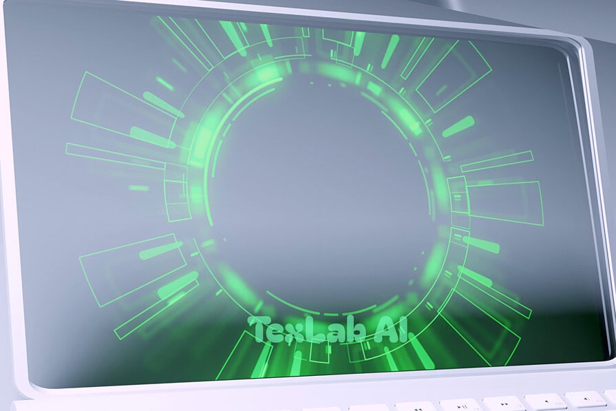 A laptop digital display showing a glowing green futuristic circular HUD cybernetic interface overlay.
