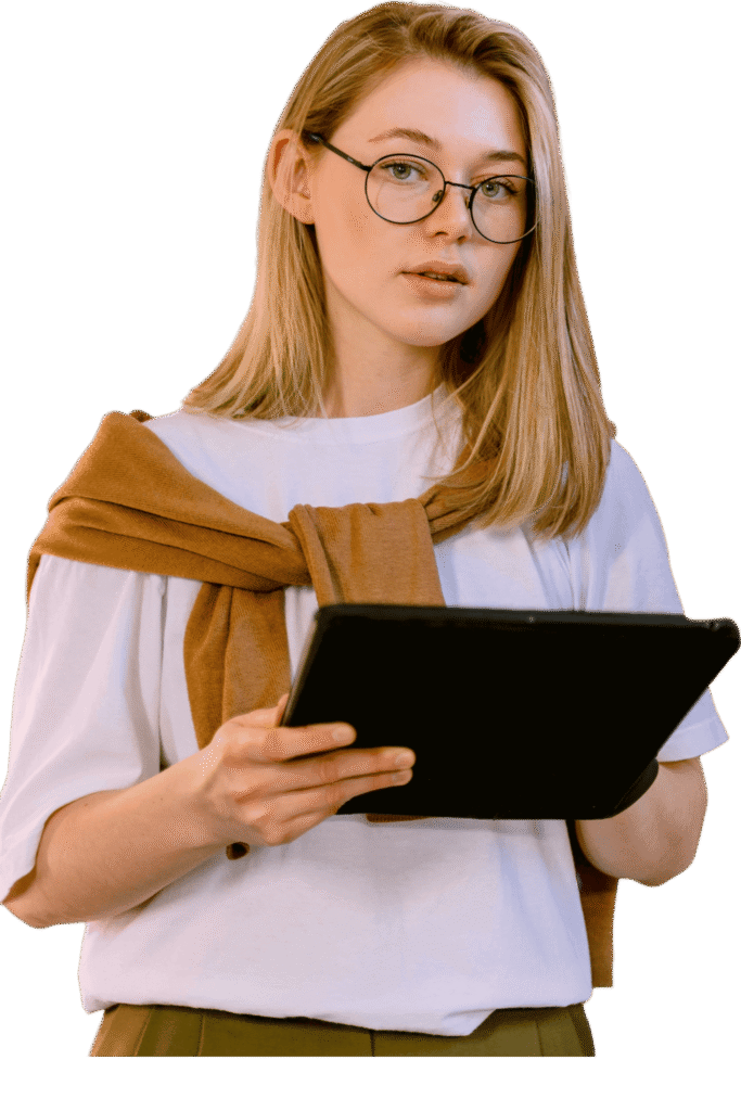 Young female professional analyzing data on a black tablet, symbolizing focus and digital efficiency in AI technology.