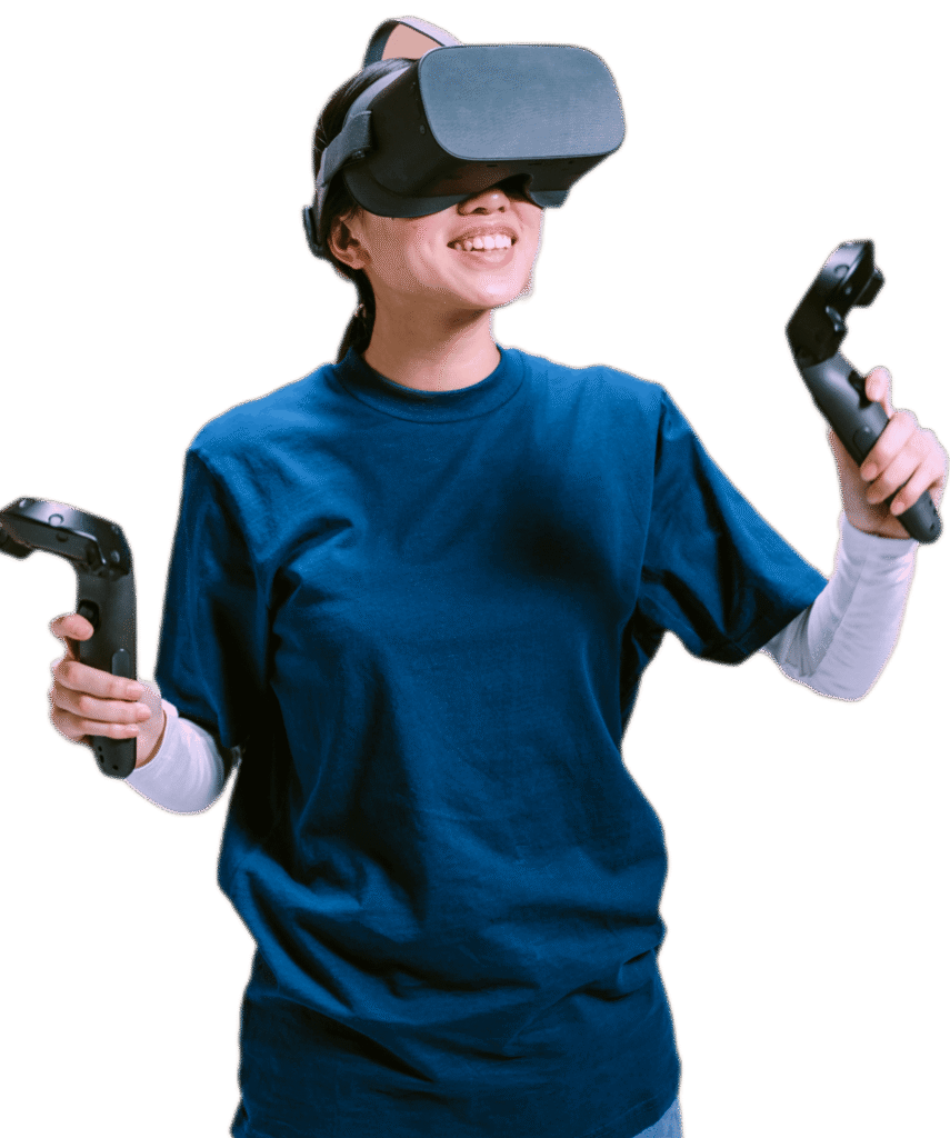 Young woman smiling while wearing a VR headset and holding controllers, representing the future of immersive technology and AI interaction.