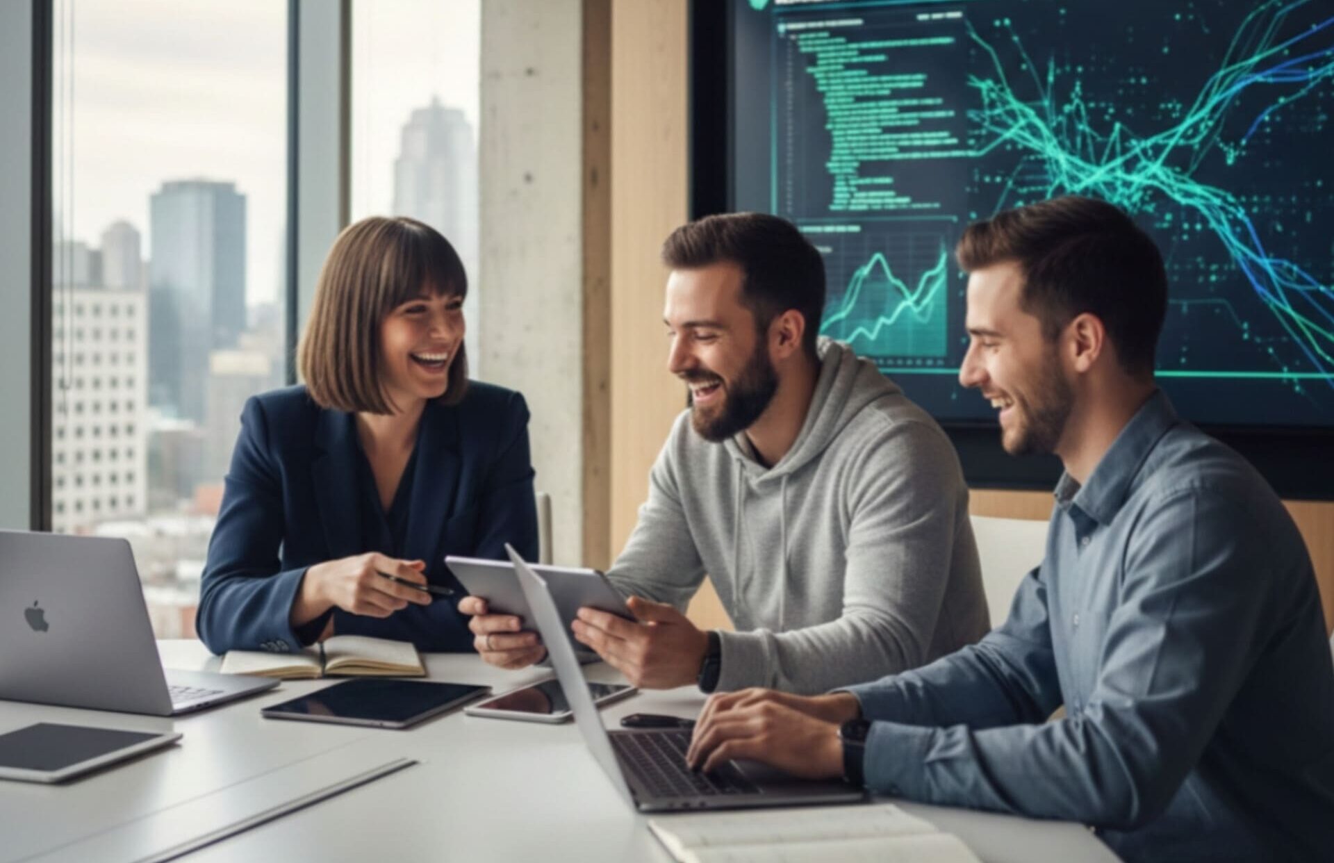 A professional team of three people in a modern office collaborating on a project with data visualization on a large screen in the background.
