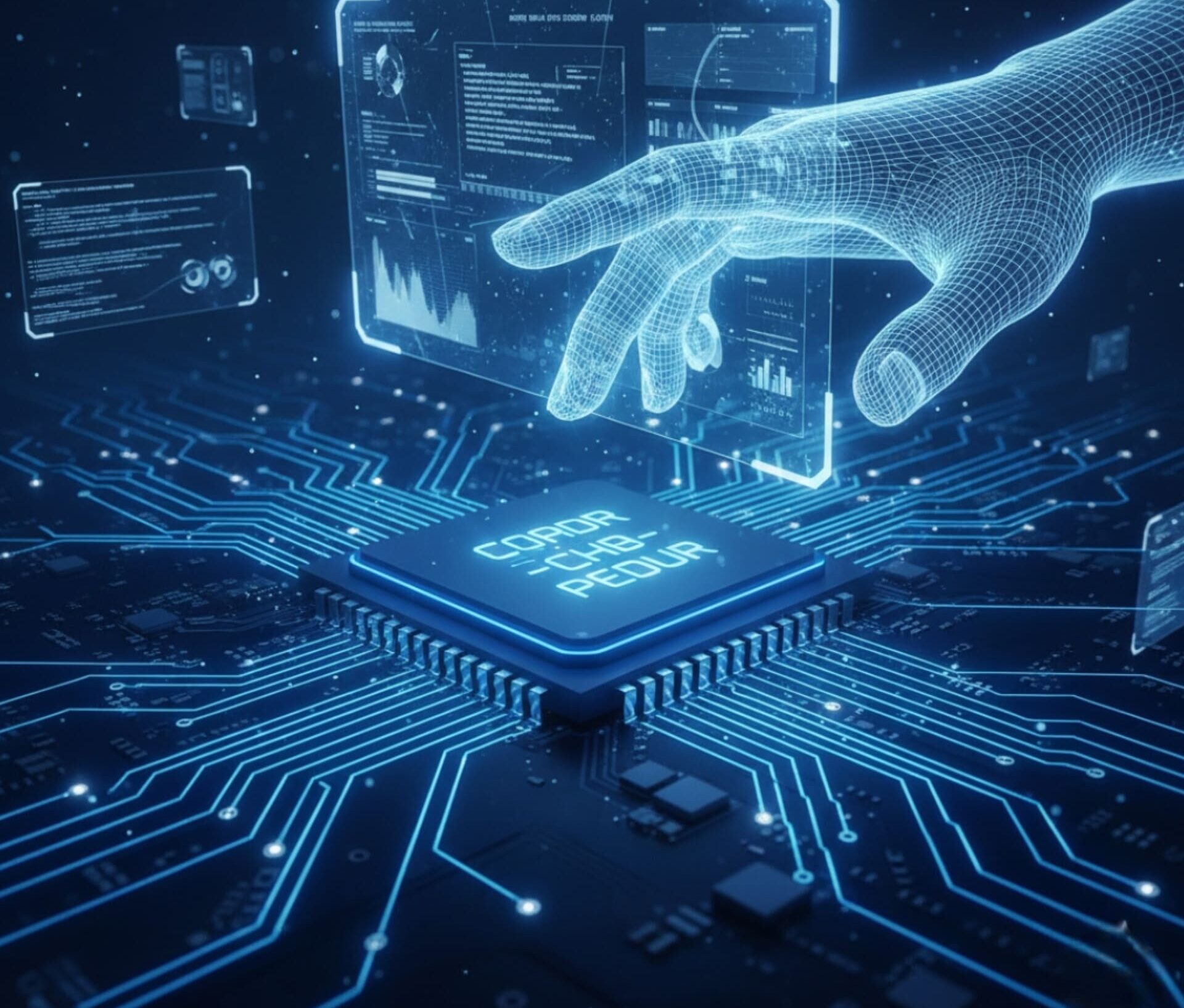 A futuristic digital hand interacting with a glowing microchip and circuit board, representing advanced artificial intelligence and technology.