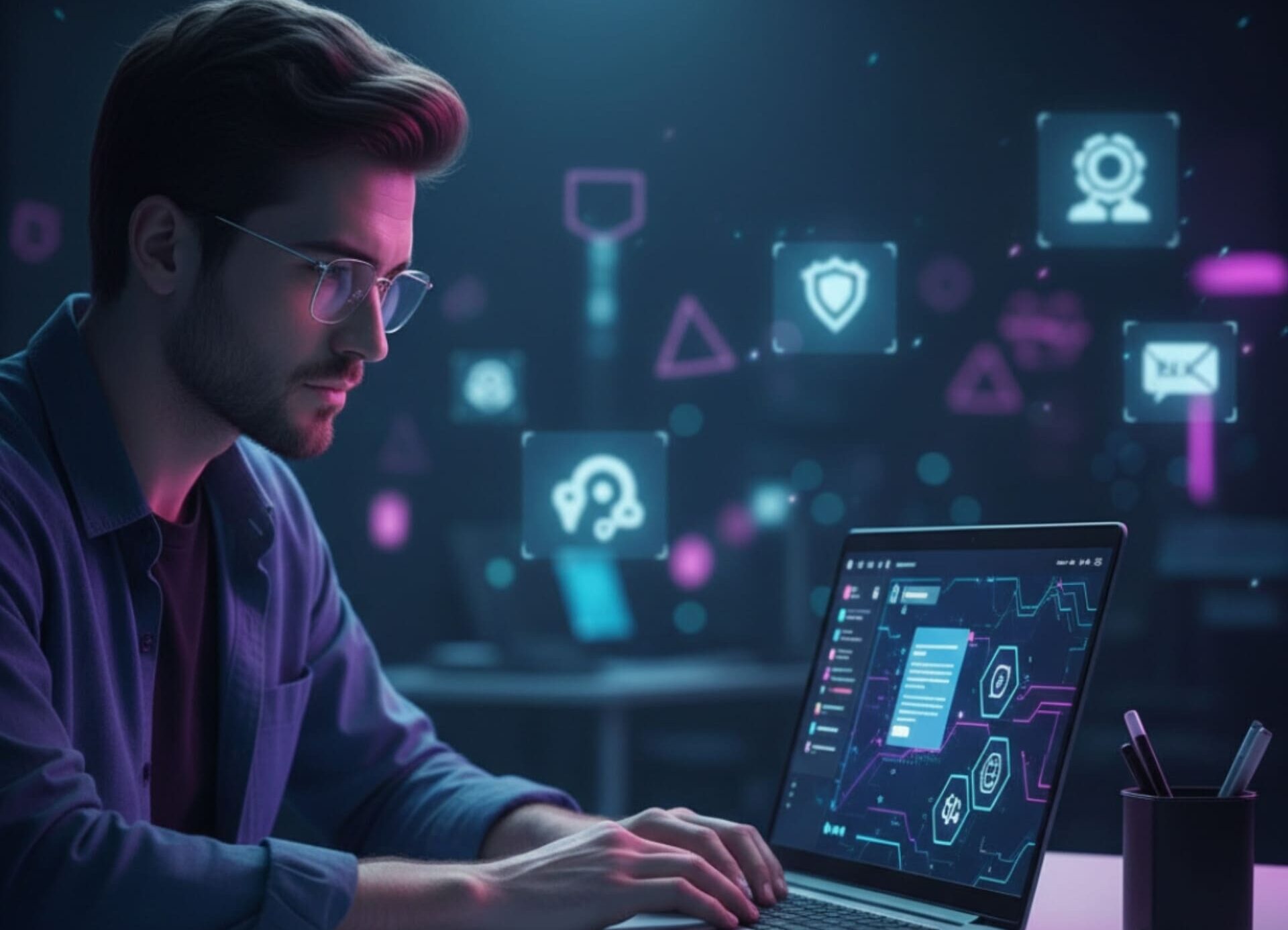 A focused professional man working on a laptop with glowing blue AI icons and data visualization symbols floating around the screen.