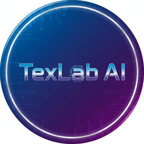 A professional circular profile picture with a blue and purple gradient background, featuring the text "TexLab AI" and a digital brain icon in the center, surrounded by glowing circuit board patterns.