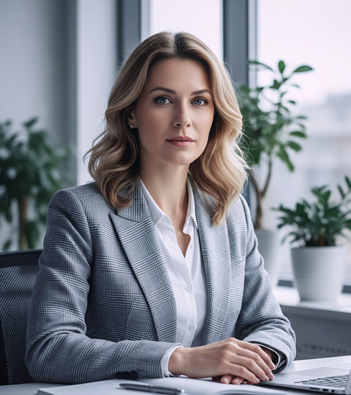 A professional young woman in a grey plaid blazer sitting at an office desk with a laptop and notebook.