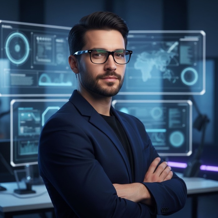 A confident male tech expert in a blue blazer and glasses standing in a futuristic AI control room.