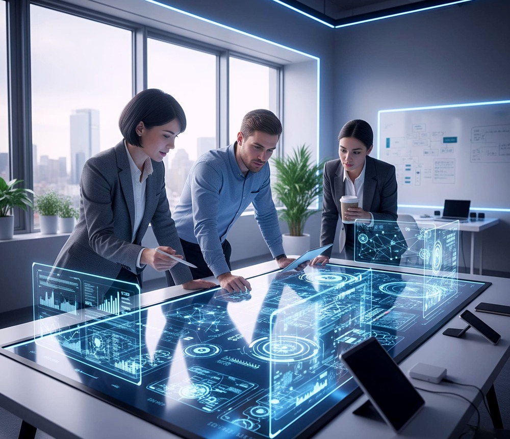 A professional team collaborating around a high-tech digital touch table with holographic data interfaces at Texlabai.