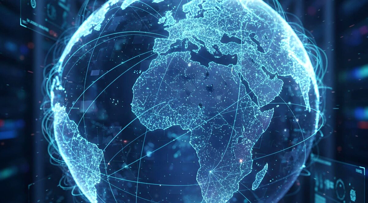 A glowing digital representation of Earth showing interconnected data lines and global communication networks.