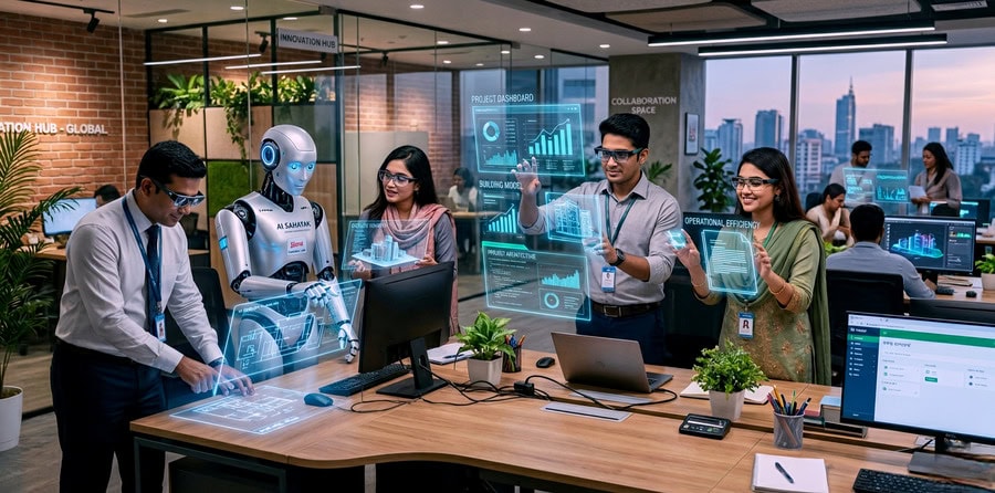 Future of official work with AI robots and humans collaborating using AR smart glasses and holographic data displays.