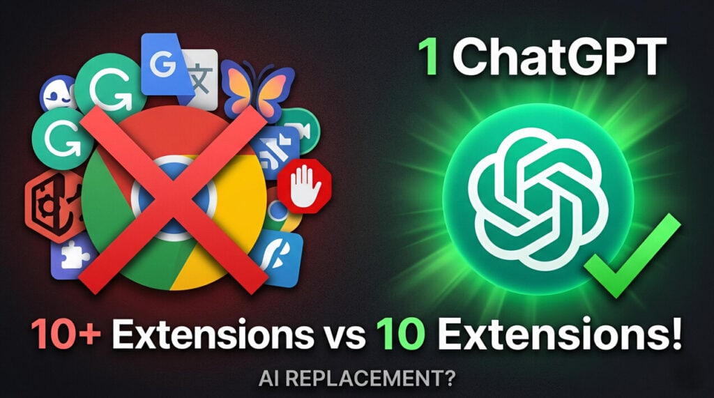 A featured image showing Google Chrome extensions crossed out next to ChatGPT to demonstrate how to replace Chrome extensions.