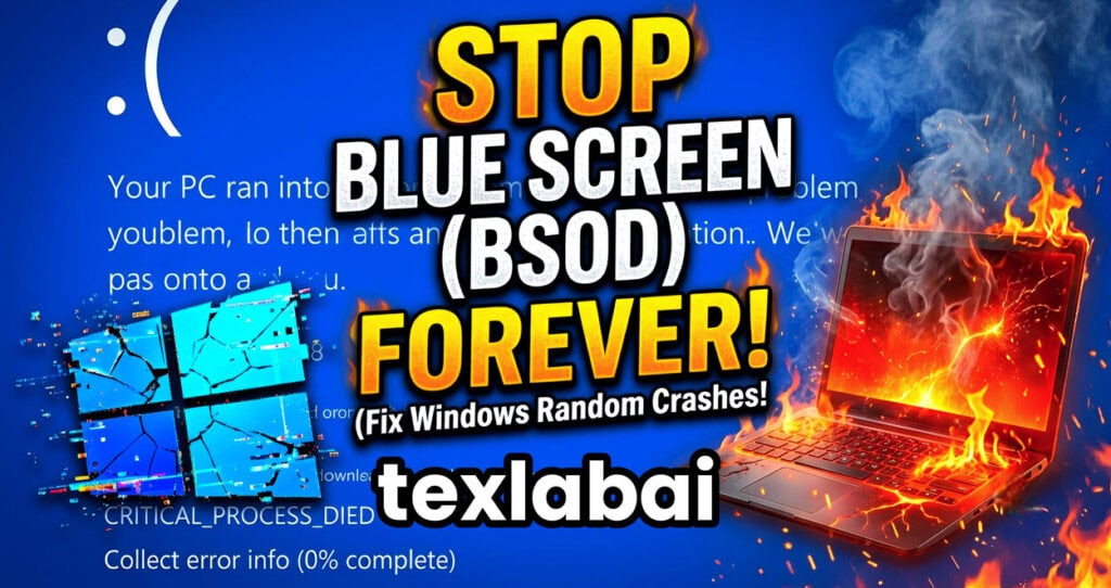 A custom blog post thumbnail featuring a burning laptop and blue screen of death background to fix Windows PCs crash randomly.