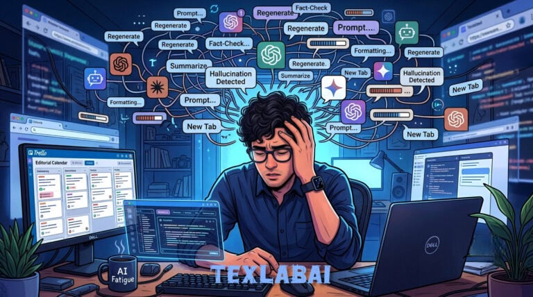 A stressed and tired computer user overwhelmed by a chaotic cloud of floating AI logos, ChatGPT symbols, and endless 'Regenerate', 'Prompt...', and 'Hallucination Detected' bubbles above his head. He is sitting next to a mug labeled 'AI Fatigue'.