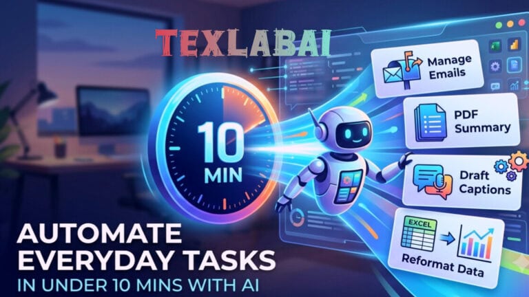 A dynamic and modern featured thumbnail image showcasing a large digital clock face displaying '10 MIN', accompanied by a sleek AI assistant robot. It features a wave of four distinct task cards: 'Manage Emails', 'PDF Summary', 'Draft Captions', and 'Reformat Data', connected by glowing lines to illustrate quick AI automation. The style is professional tech with vibrant colors.