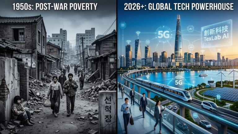 A split comparison showing South Korea in 1950s post-war poverty versus a modern smart city in 2026 as a global tech powerhouse.