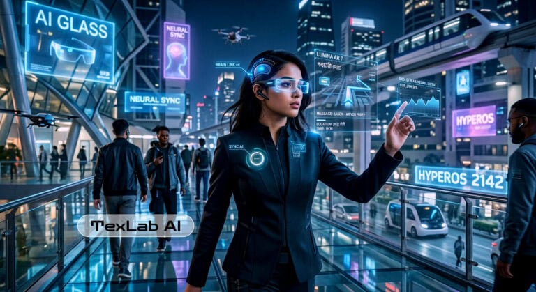 A futuristic vision of a woman using AR smart glasses and neural interfaces in a smart city.