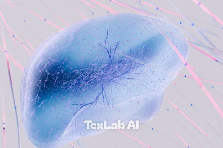A translucent 3D stylized human brain showing illuminated neural connections and glowing pink data streams.